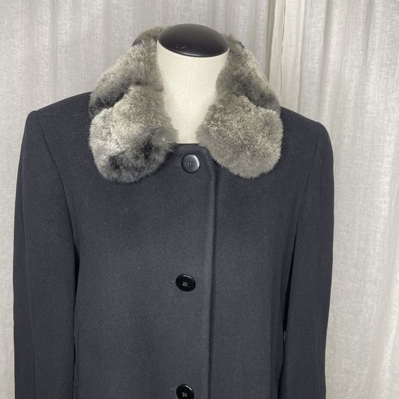 Wool Coat Womens 8 Black Lambswool Blend Fur Collar Forecaster of Boston Topcoat - Picture 3 of 15